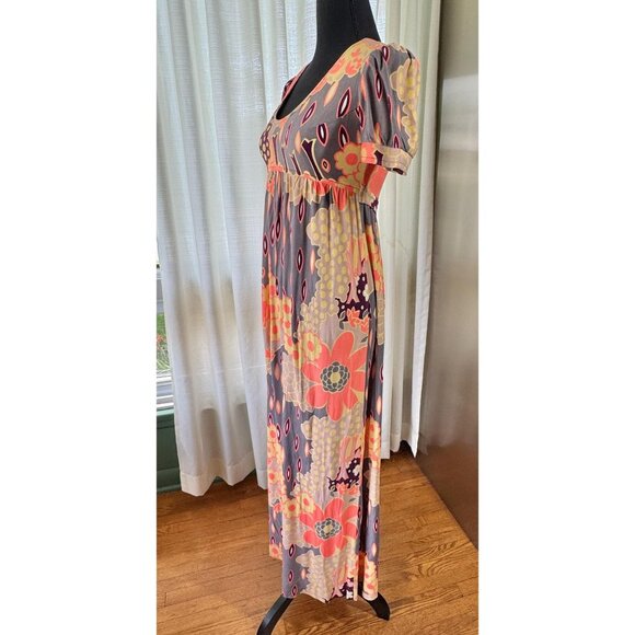 Vintage 70s dress, coral, grey, yellow floral, boho maxi with empire waist - Picture 4 of 10